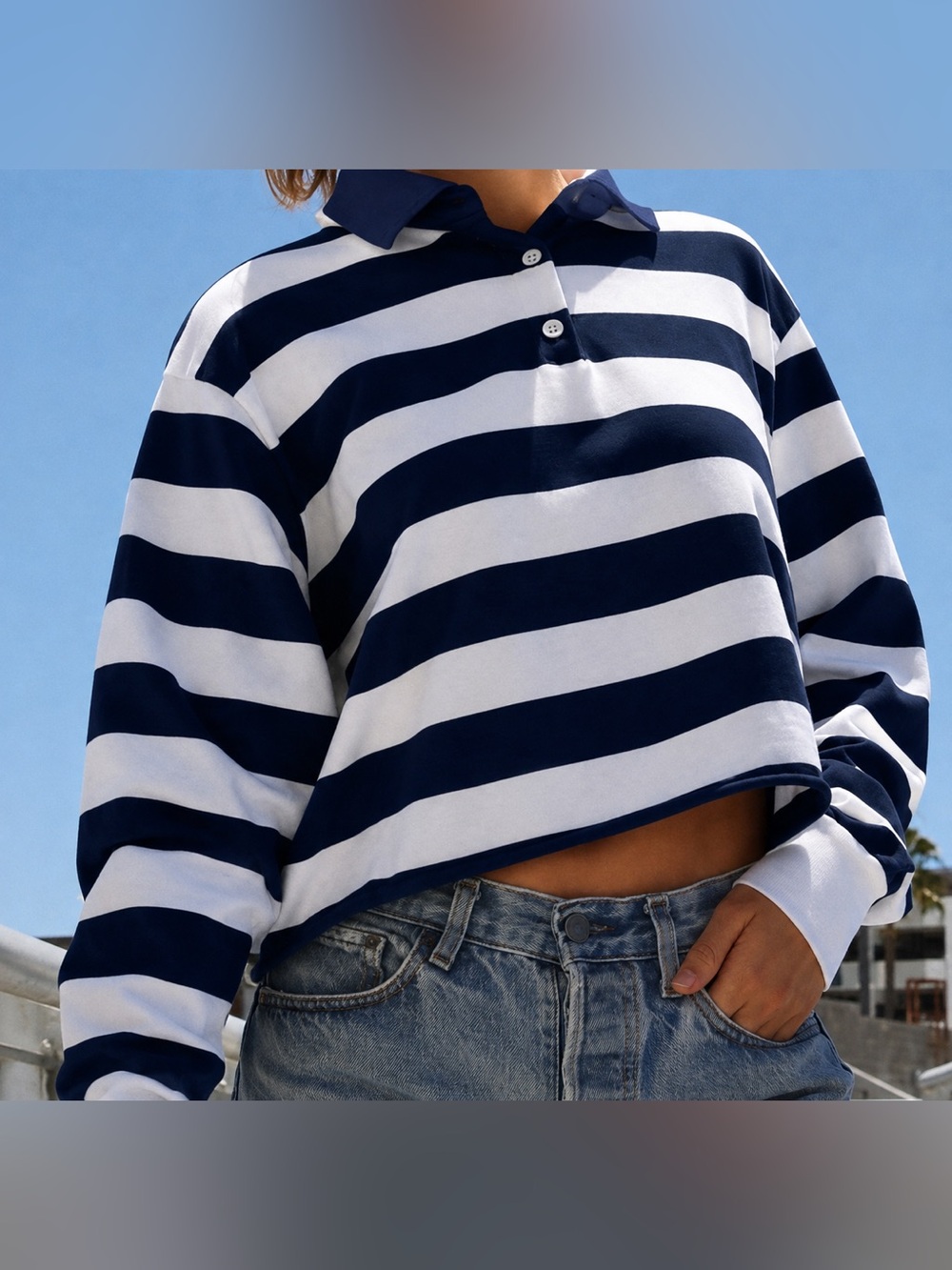 Brandy Melville Johnny Rugby Polo Navy White Striped Long Sleeve OS